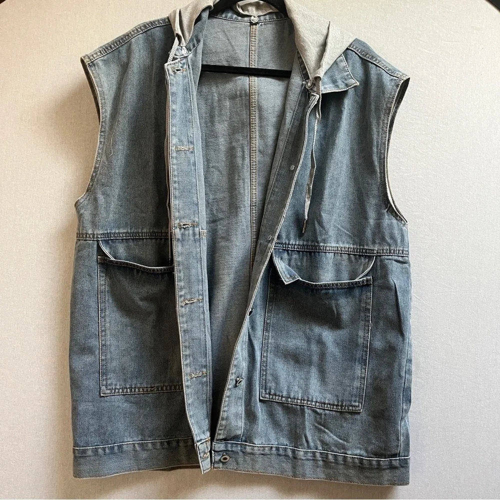 Oversized Light Wash Denim Vest Detachable Gray Hood M - Picture 2 of 8